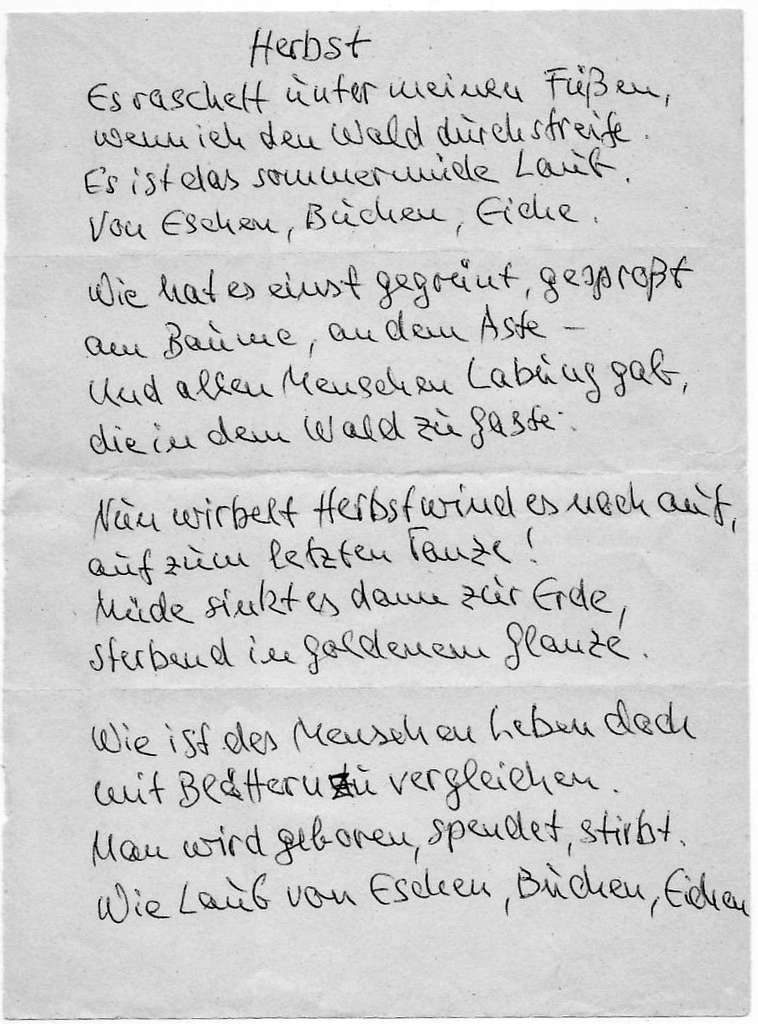 Herbst-Gedicht, Handschrift von Hermann Flaig
